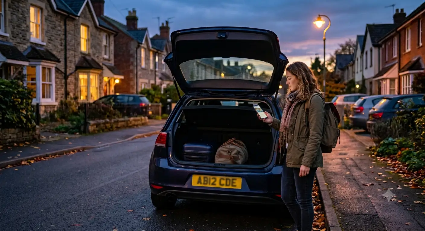 Guest checking digital parking instructions on a phone beside a rental car on a residential street.
