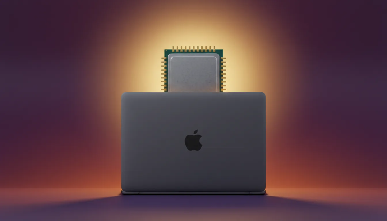 Stylized 3D render of a space gray MacBook viewed from the back, with an Intel CPU processor emerging from behind the screen. The scene features soft global illumination with a strong, warm yellow glow emanating from behind the objects, creating a golden halo. The background is a smooth, dark gradient of purple and orange. Matte plastic materials, minimalist, studio backdrop.