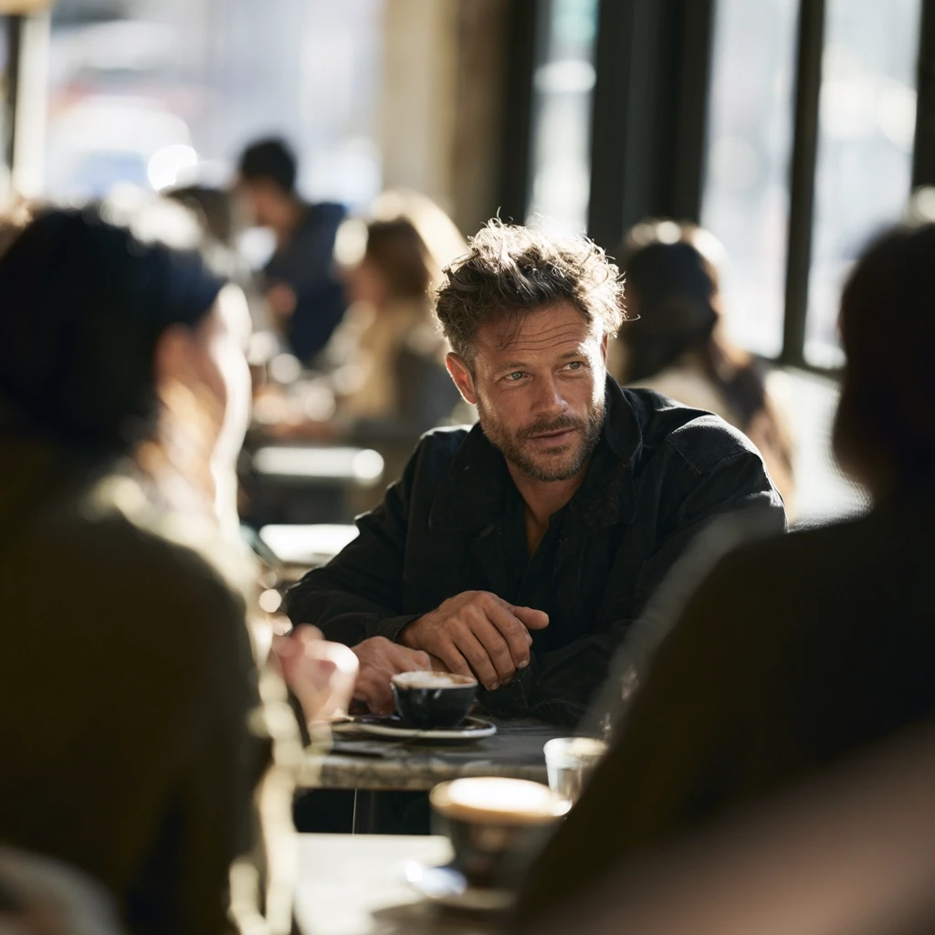 Man looking across a café table at a woman he has just met