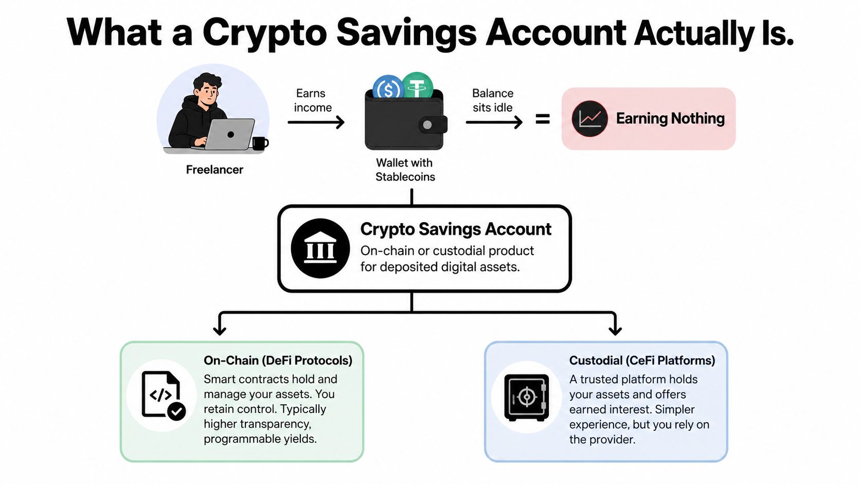 An infographic explaining crypto savings accounts, showing the difference between on-chain DeFi protocols and custodial CeFi platforms.