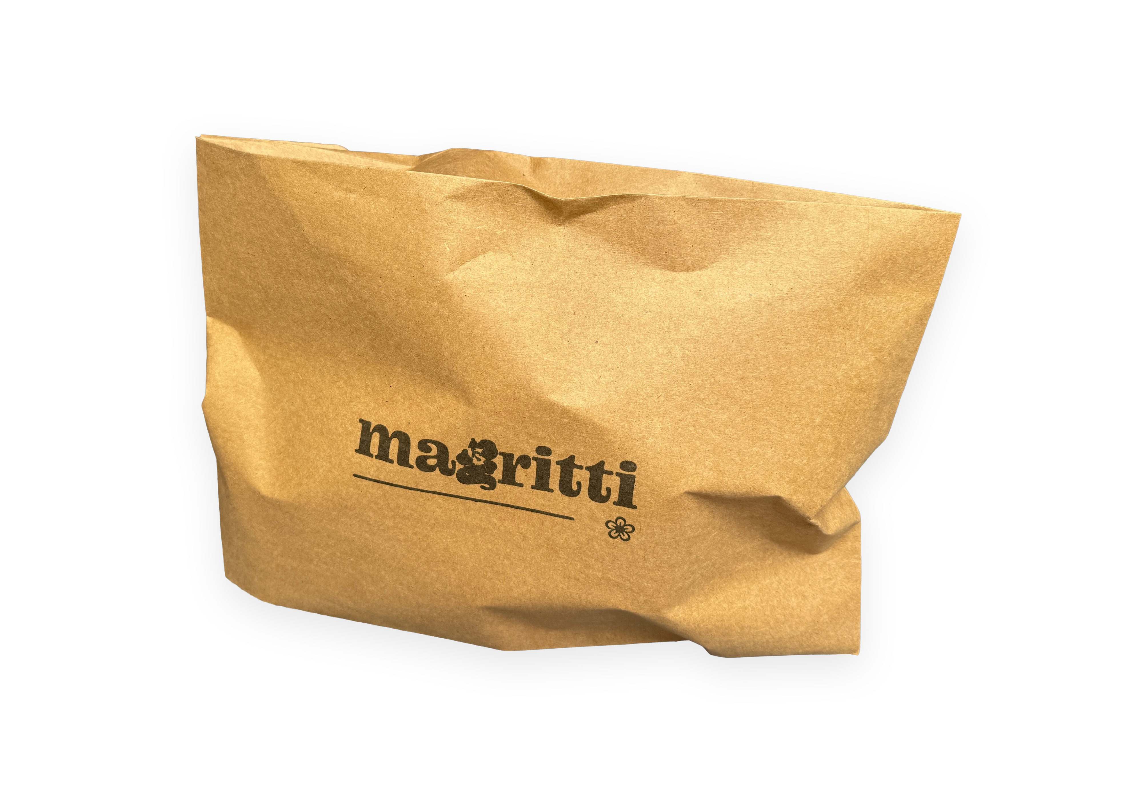 A creased brown paper mailer printed with a logotype and a small flower mark.