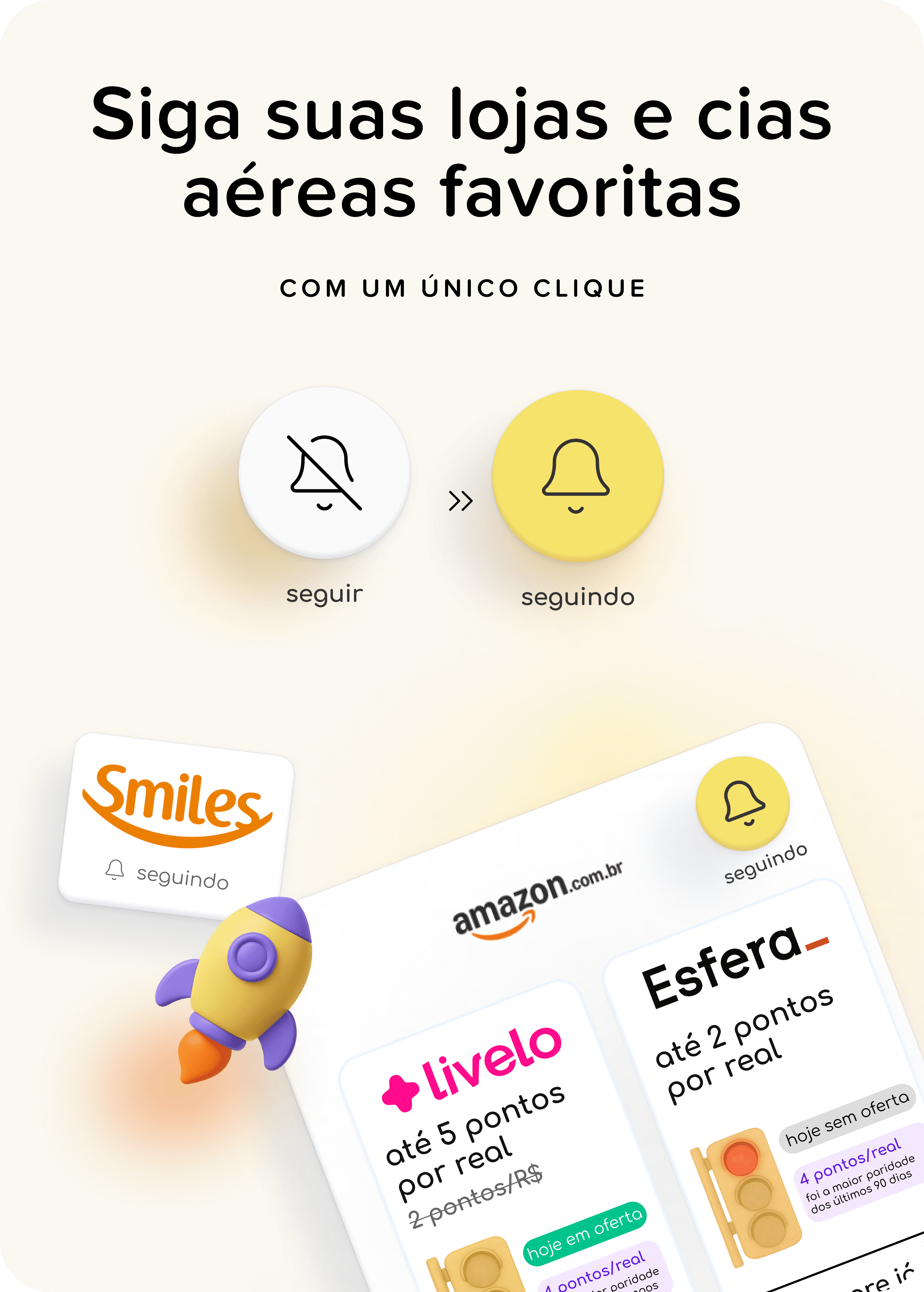 Imagem do AceleraPontos mostrando como seguir lojas e companhias aéreas favoritas para receber alertas do melhor momento de comprar e aproveitar compras bonificadas, com cartões de programas como Livelo e Esfera, indicadores de pontos por real e ícones de seguir e seguindo.