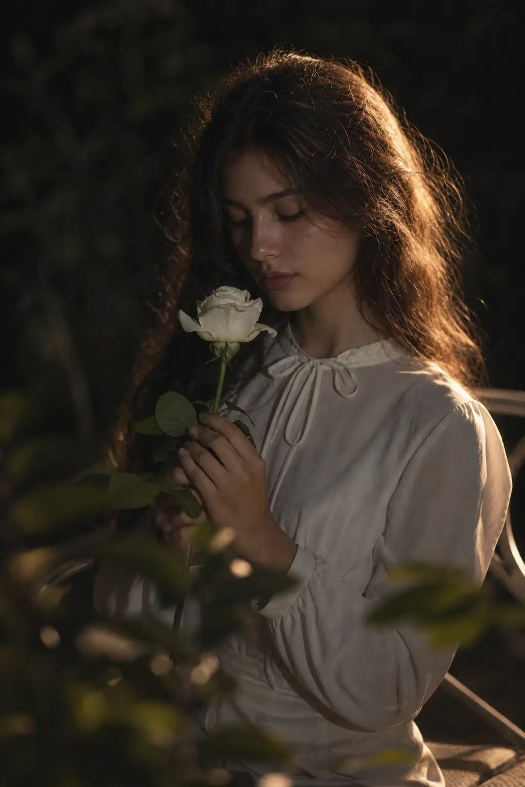 AI-generated artistic portrait of a woman holding a white flower illuminated by soft cinematic lighting and shadows.