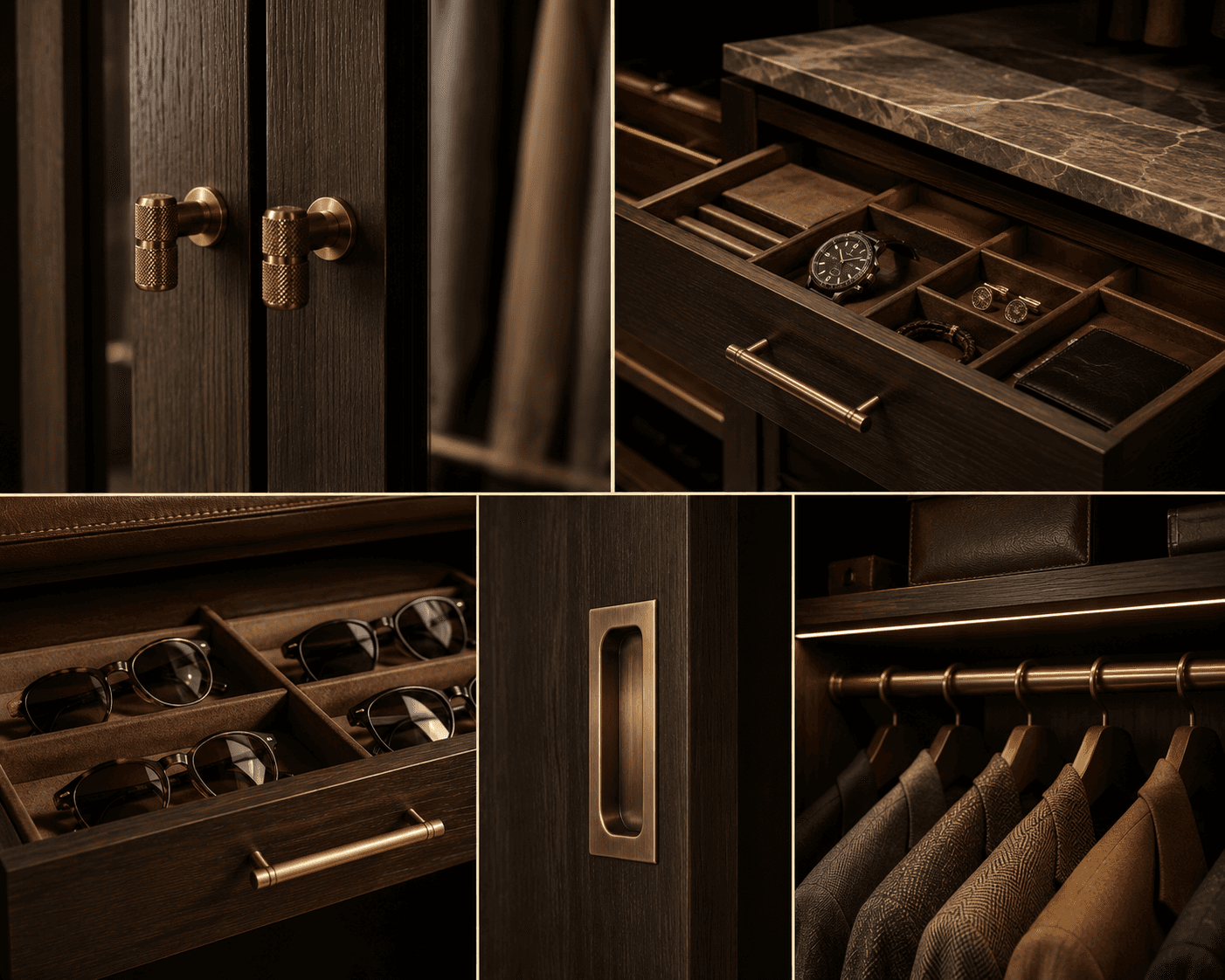 A five-panel grid focusing on custom brass hardware and luxury storage details in a dark wood walk-in closet. Top-left shows textured knurled brass door knobs mounted on dark oak cabinet doors. Top-right shows an open drawer with custom felt-lined compartments holding a luxury watch, gold cufflinks, and a leather wallet beneath a grey marble countertop. Bottom-left displays a brown velvet-lined drawer organizer holding designer sunglasses. Bottom-middle features a flush-mounted recessed brass finger pull on a pocket door. Bottom-right highlights a brass hanging rod with integrated LED warm strip lighting above wooden suit hangers.
