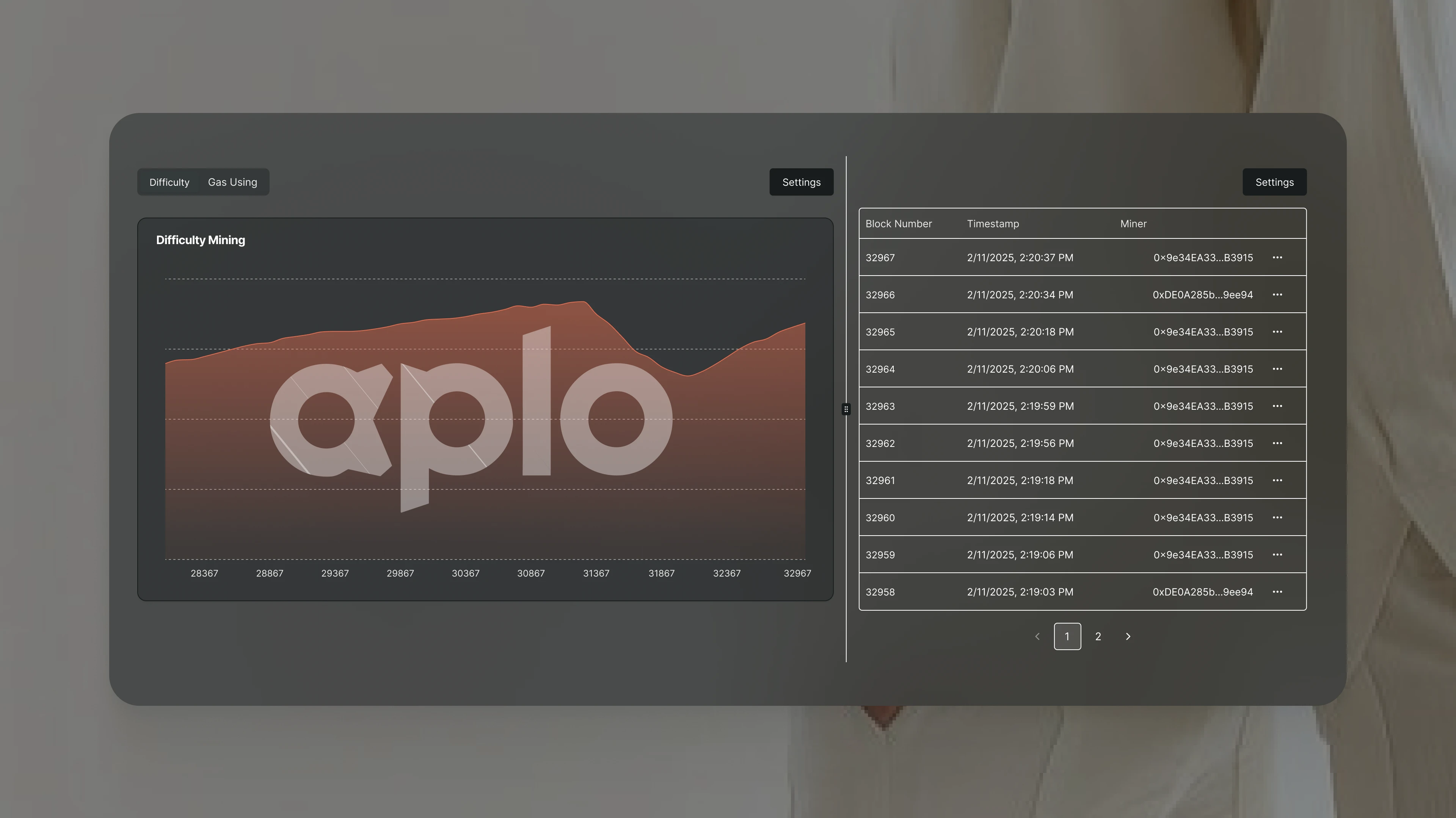 Blockchain explorer view inside Aplocoin with smart‑contract details, wallet activity and transaction history.