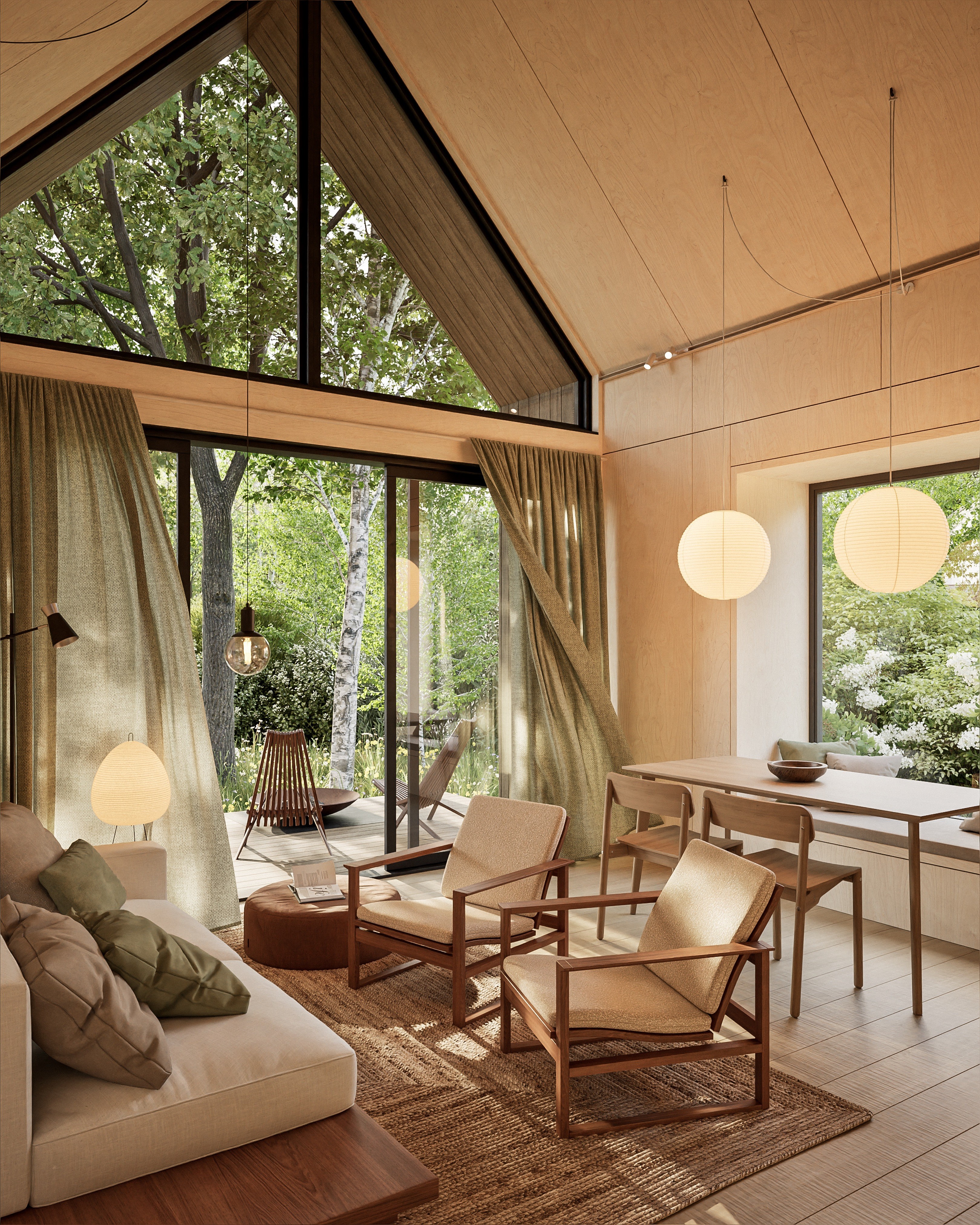 Child walking on a wooden beam with a large tree and swing nearby in a courtyard of modern wooden houses, while another person adjusts a bicycle.