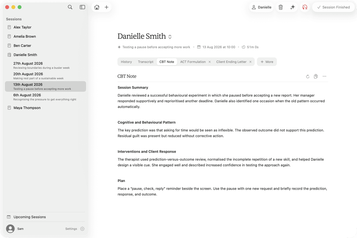 Danielle Smith’s completed session with its CBT Note open.