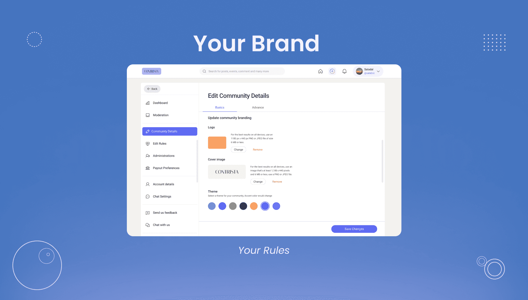 Interface for customizing community settings on Wylo, including options to change the community name, description, cover image, logo, custom domain, and more.