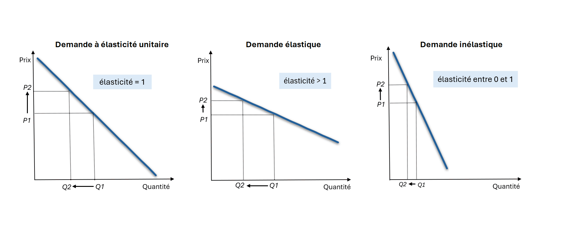 Graphique - différents types d'élasticité de la demande au prix