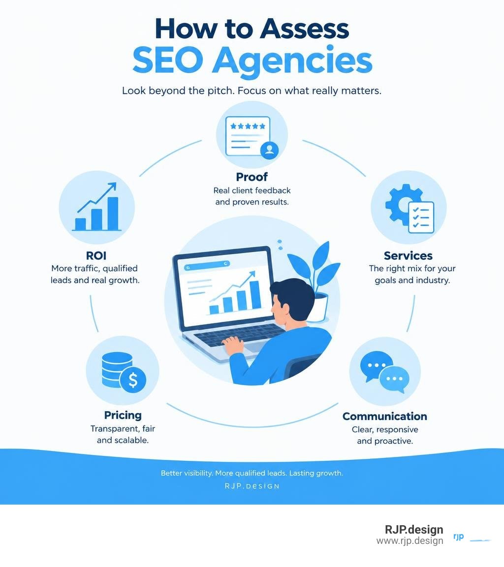 Infographic showing how to assess SEO agencies by proof, services, communication, pricing, and ROI infographic