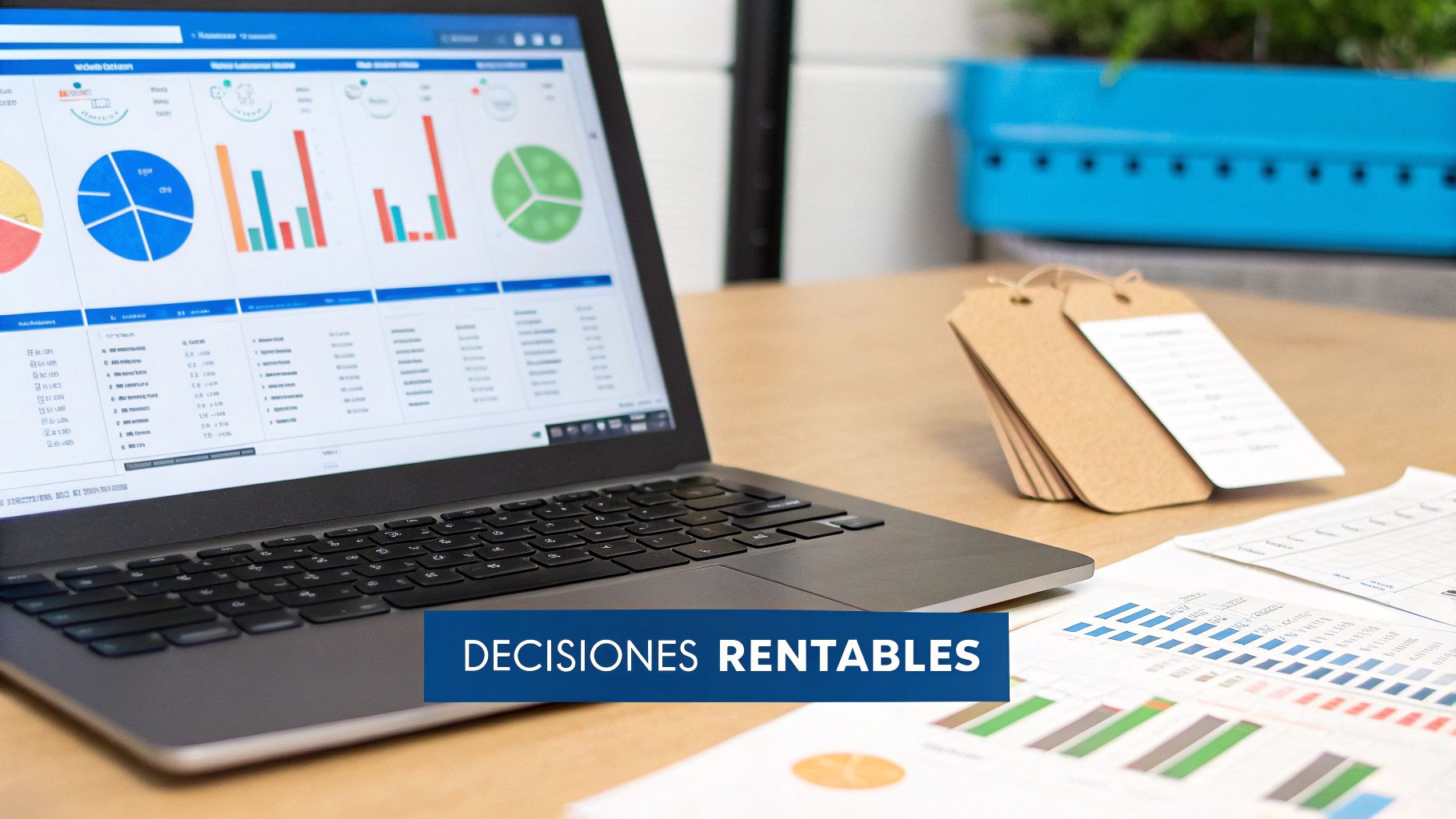 Pantalla de portátil mostrando gráficos financieros, documentos y etiquetas en un escritorio de oficina, simbolizando decisiones rentables.