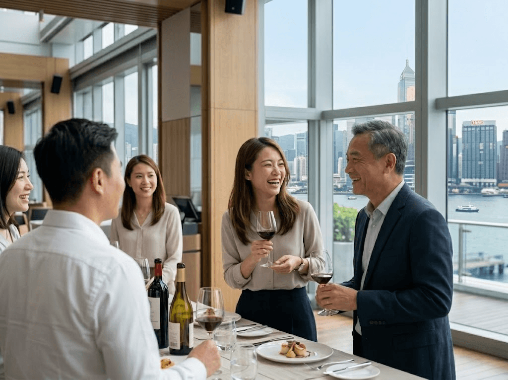 企業獎勵旅遊及品酒體驗班，團隊於香港維港海景餐廳進行商務社交宴會。