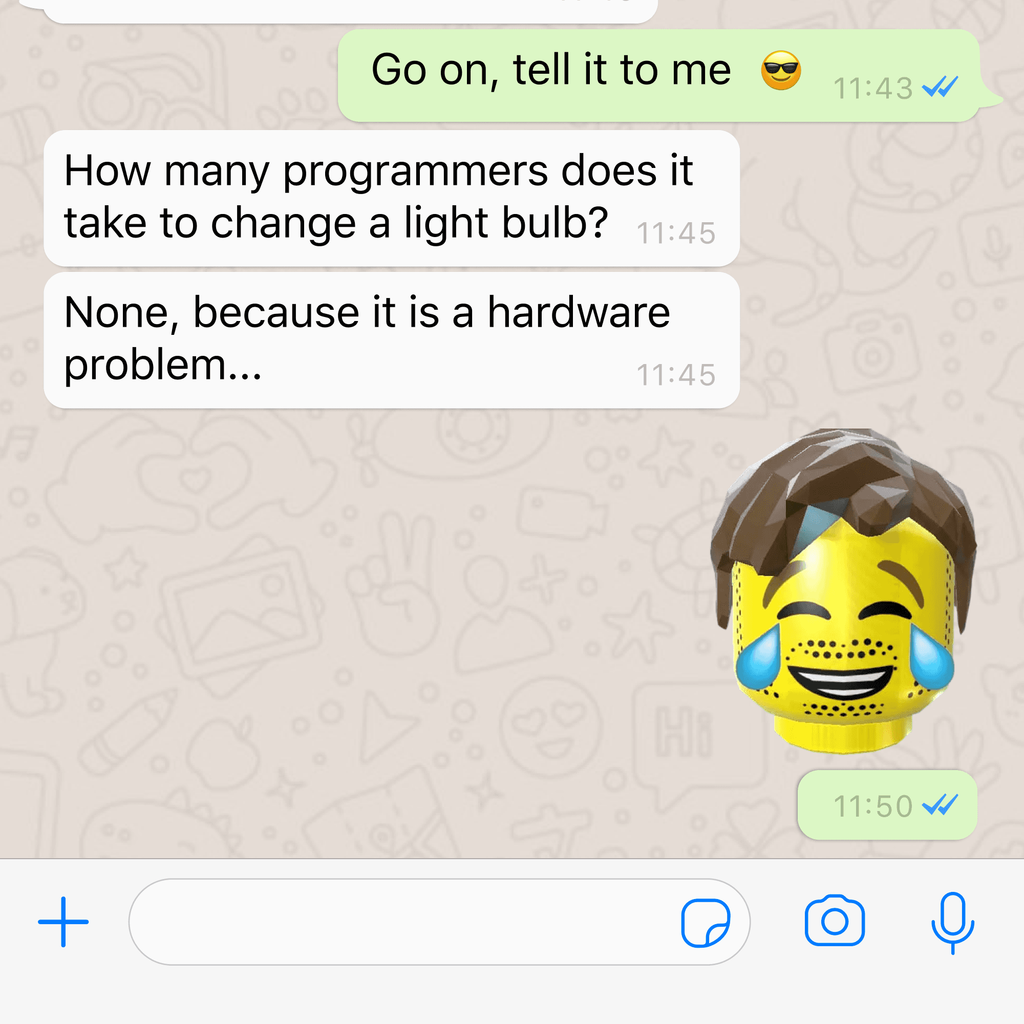 A screenshot from a WhatsApp chat where the response is a LEMOji (LEGO emoji) crying laughing. It shows how emagineer can turn you into a usable emoji or sticker that you can send to your friends.