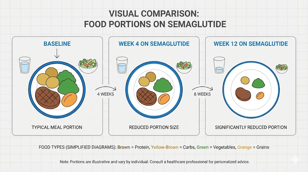 How semaglutide reduces food portions over time from baseline to week 12