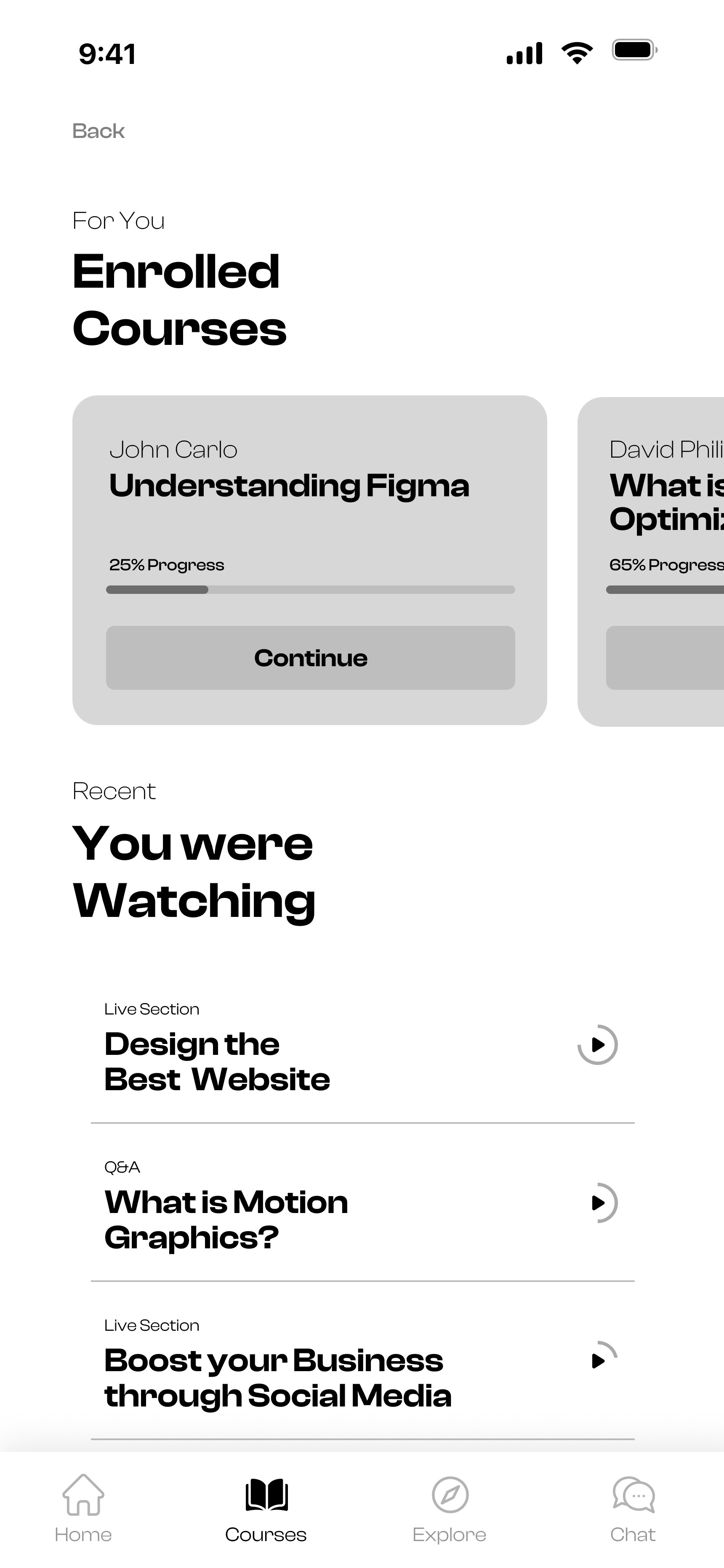 A mobile app interface displays course progress with options for "Understanding Figma" and "What is Design Optimization," featuring a progress bar and a "Continue" button, below "Enrolled Courses" and "You were Watching" sections.