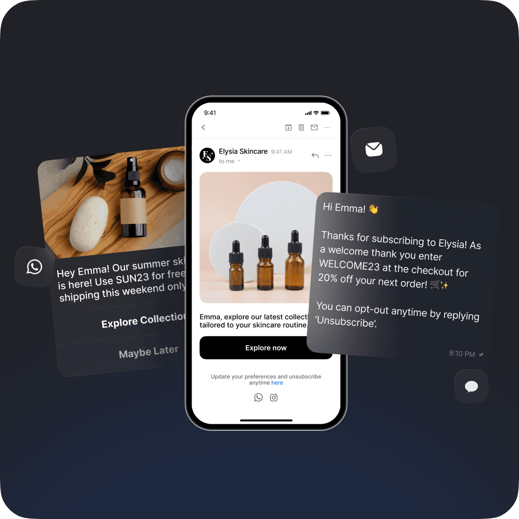 Elysia Skincare marketing campaigns on a mobile phone showcasing WhatsApp, email, and SMS engagement channels. Includes messages with a free shipping offer, a 20% discount code for new subscribers, and product promotions, enhancing customer interaction.