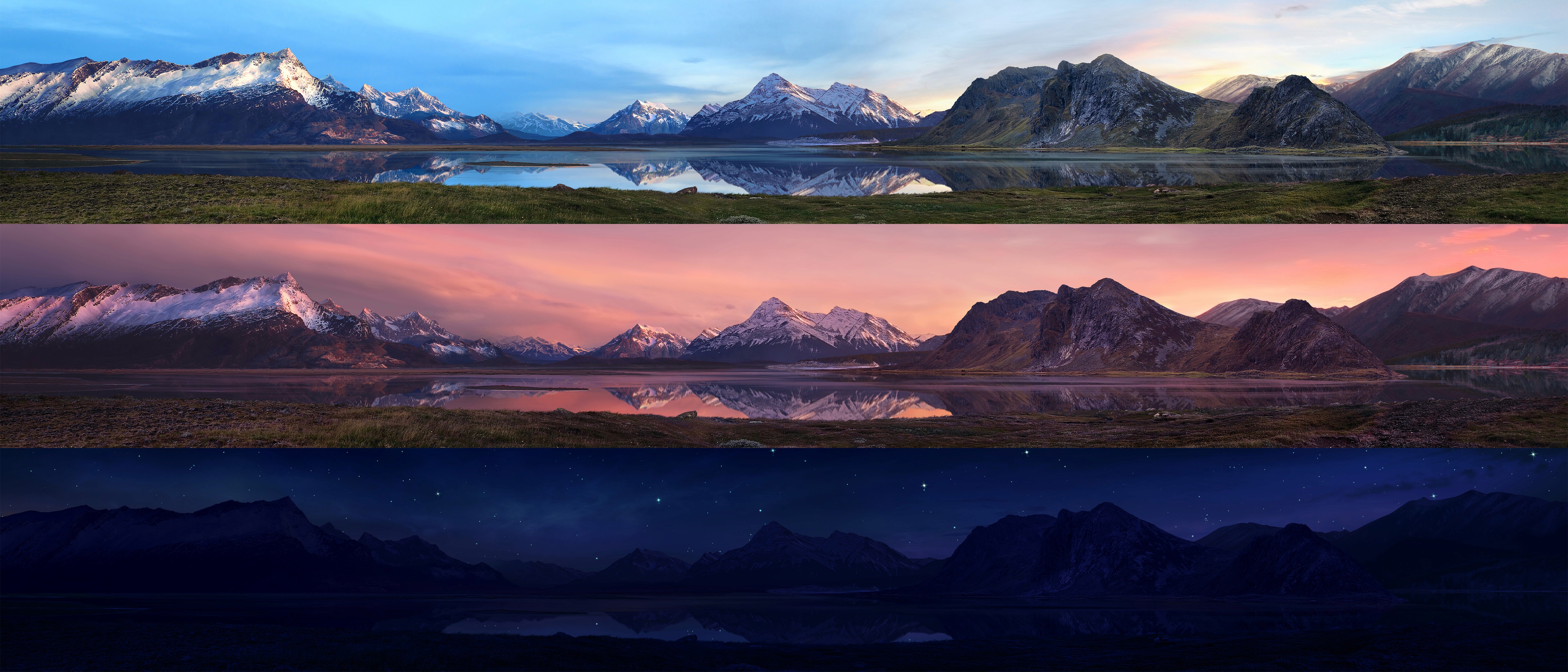 Matte Paintings of a lake surrounded by mountains at sunrise, sunset and night