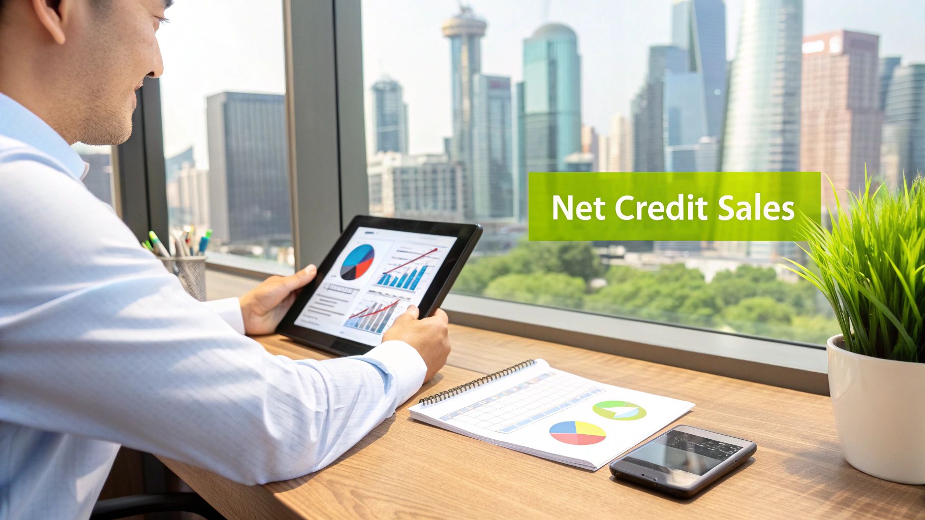 A controller's desk with a tablet displaying a rising line graph labeled 'Net Credit Sales.'