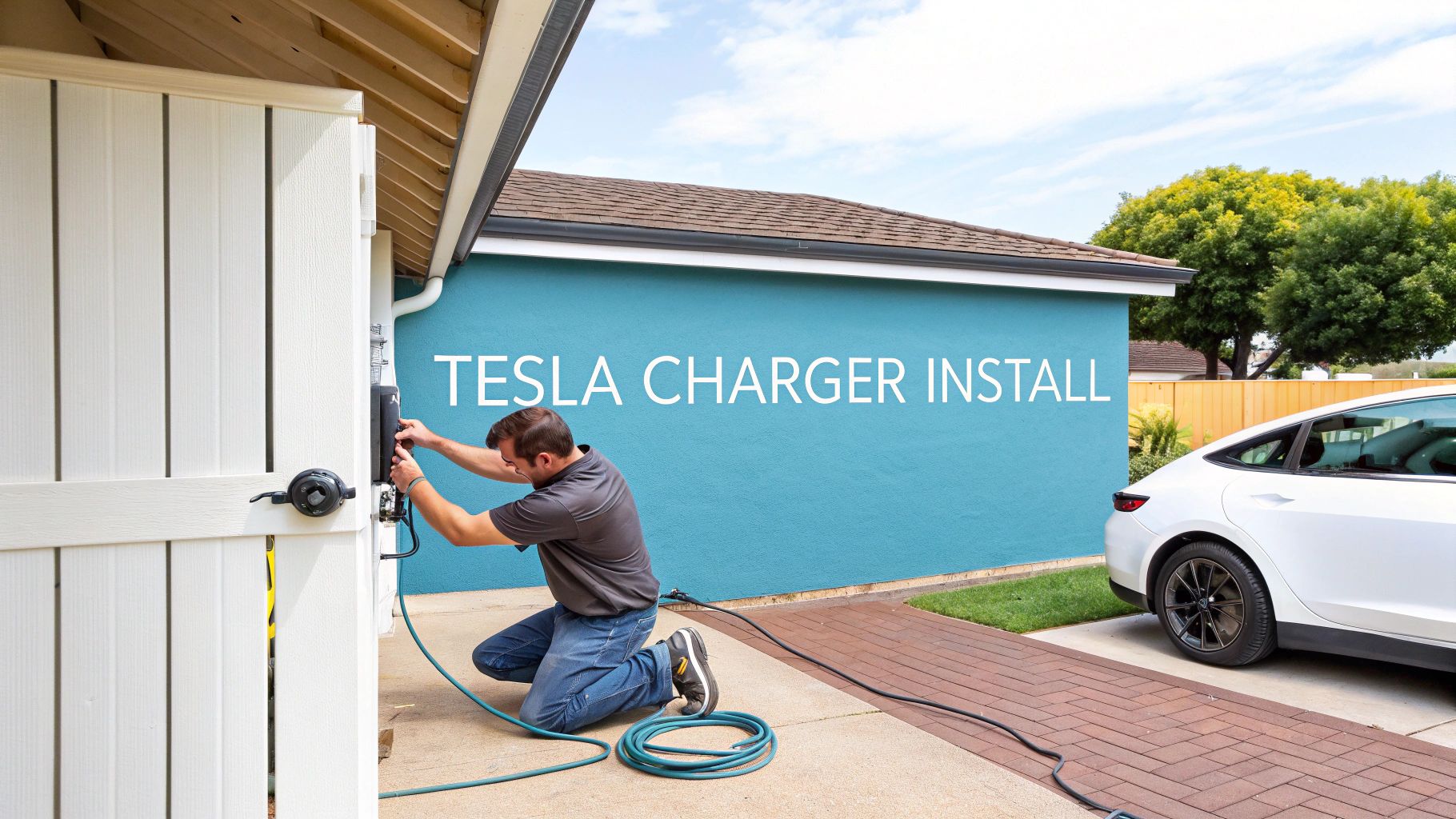A man installing a tesla charger next to a blue wall with the text 'tesla charger install' in the background