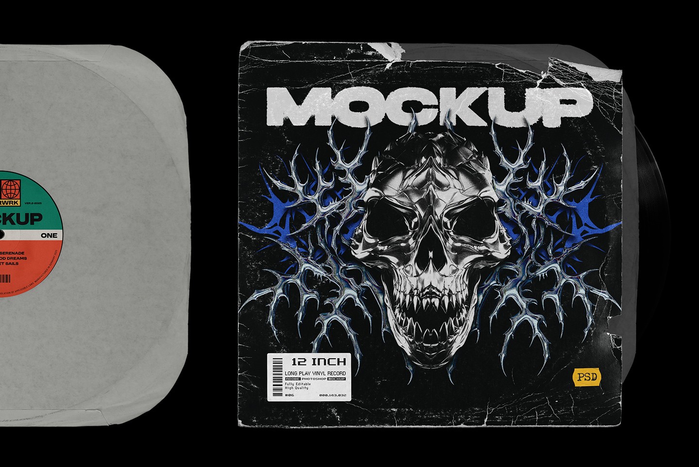 Vinyl record mockup inner sleeve with editable cover and visible vinyl record