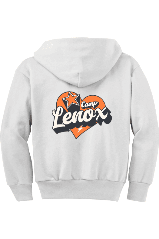 White Camp Lenox hoodie with orange heart logo on the back