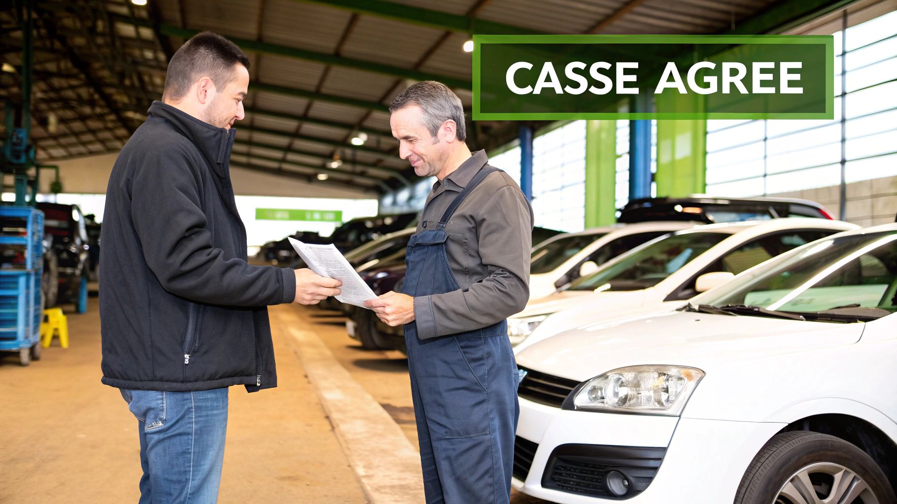 Un client et un mécanicien discutent à une casse automobile agréée, près de plusieurs véhicules blancs.