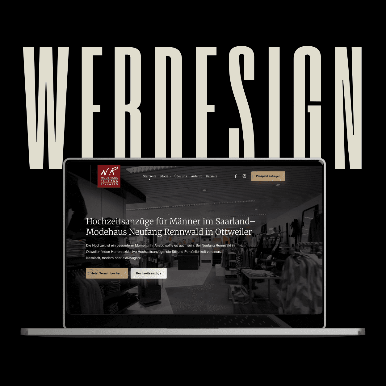 Große Überschrift: "Webdesign" mit einem Bild von einer Website die von MindWebMedia erstellt wurde von dem Kunden Neufang Rennwald