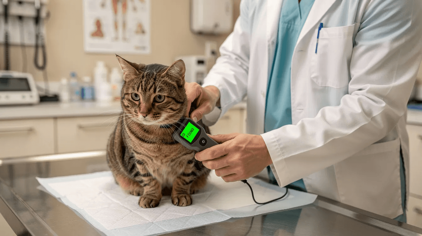 A veterinarian is scanning a microchip on a tabby cat at a clinic, ensuring the pet's identification for proper care and medical records. This highlights the importance of responsible pet ownership and planning for companion animals in case of an owner's death.