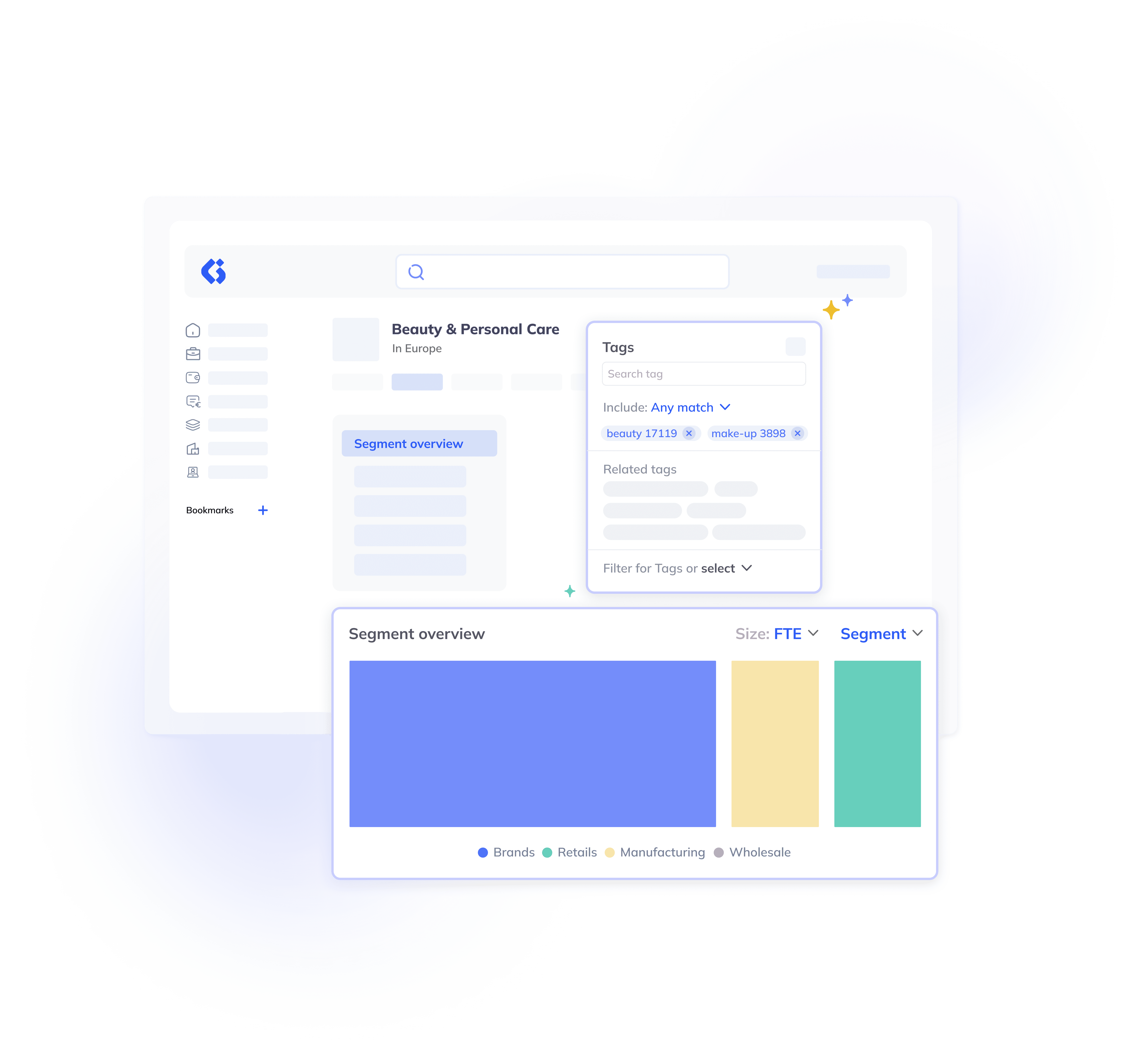 A digital dashboard displays search and filter options for tags like “beauty” and “retails,” with colorful bar charts and segment overview for different industries such as brands, retail, manufacturing, and wholesale.
