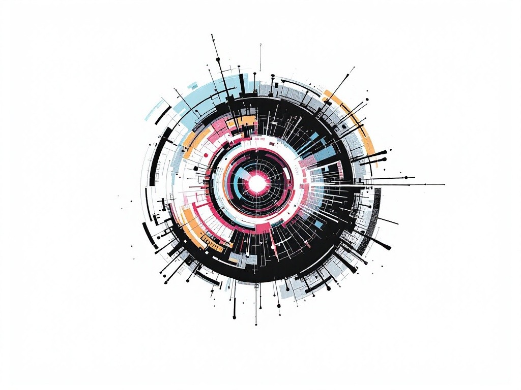 Abstract circular design with concentric rings and radiating lines in black, white, pink, orange, and blue.