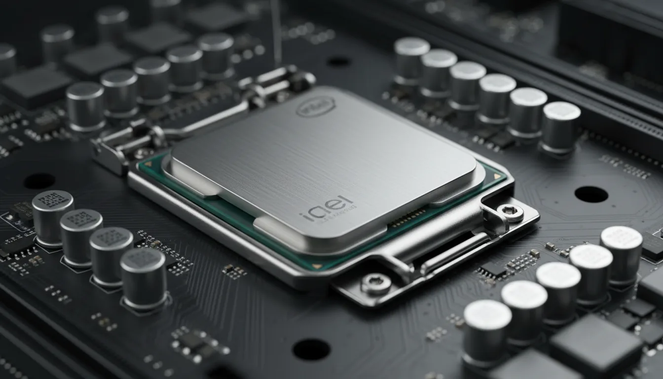 Macro DSLR photograph of a modern Intel Core CPU installed in the socket of a black computer motherboard. Soft, even studio lighting highlights the intricate details of the brushed metal CPU heat spreader and the steel retention arm. The matte black PCB is surrounded by a row of silver cylindrical capacitors and other electronic components, creating a high-tech, detailed scene with a shallow depth of field and sharp focus on the central processor.