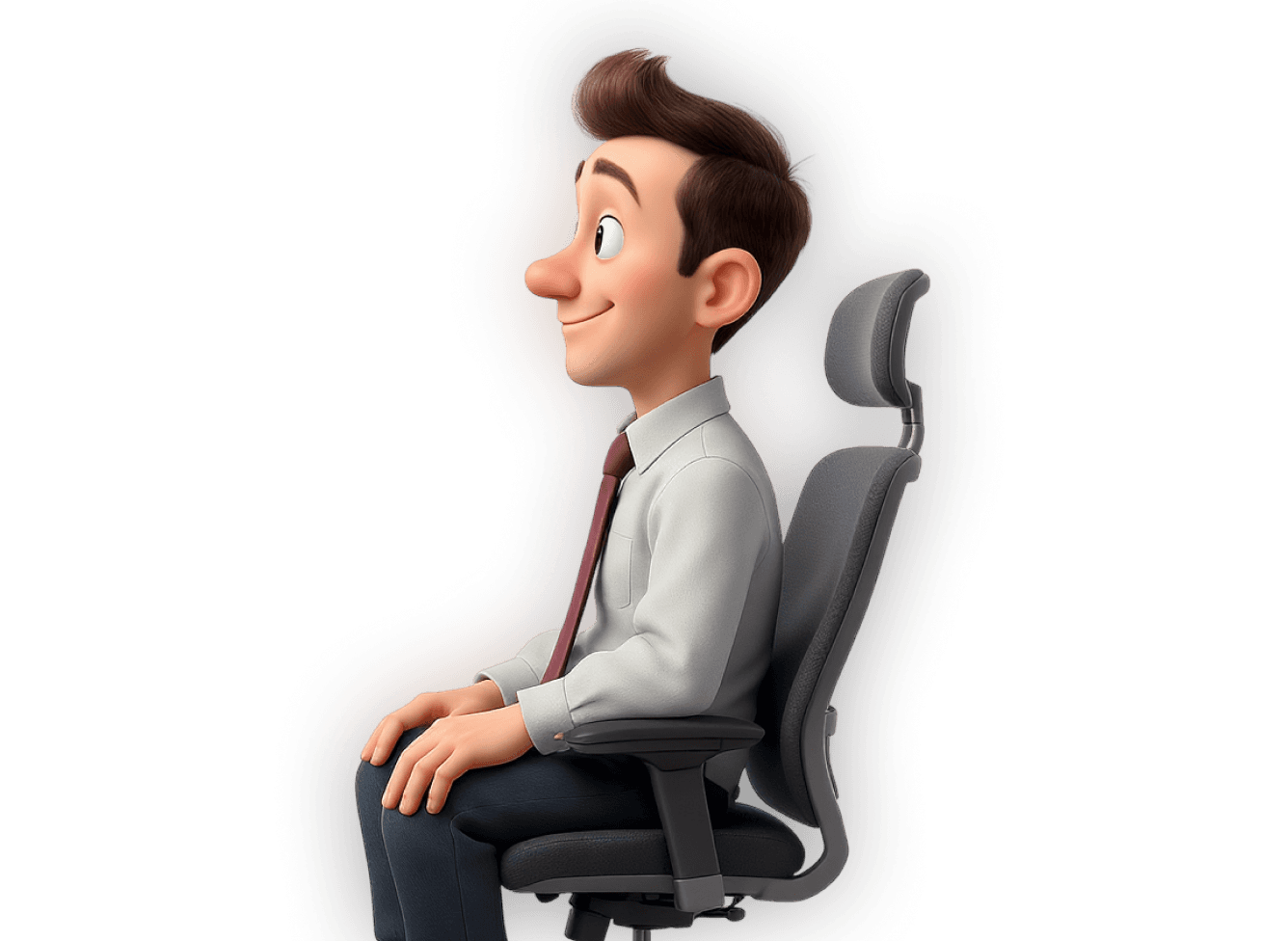 Animated character sitting upright in an ergonomic office chair with a relaxed posture.