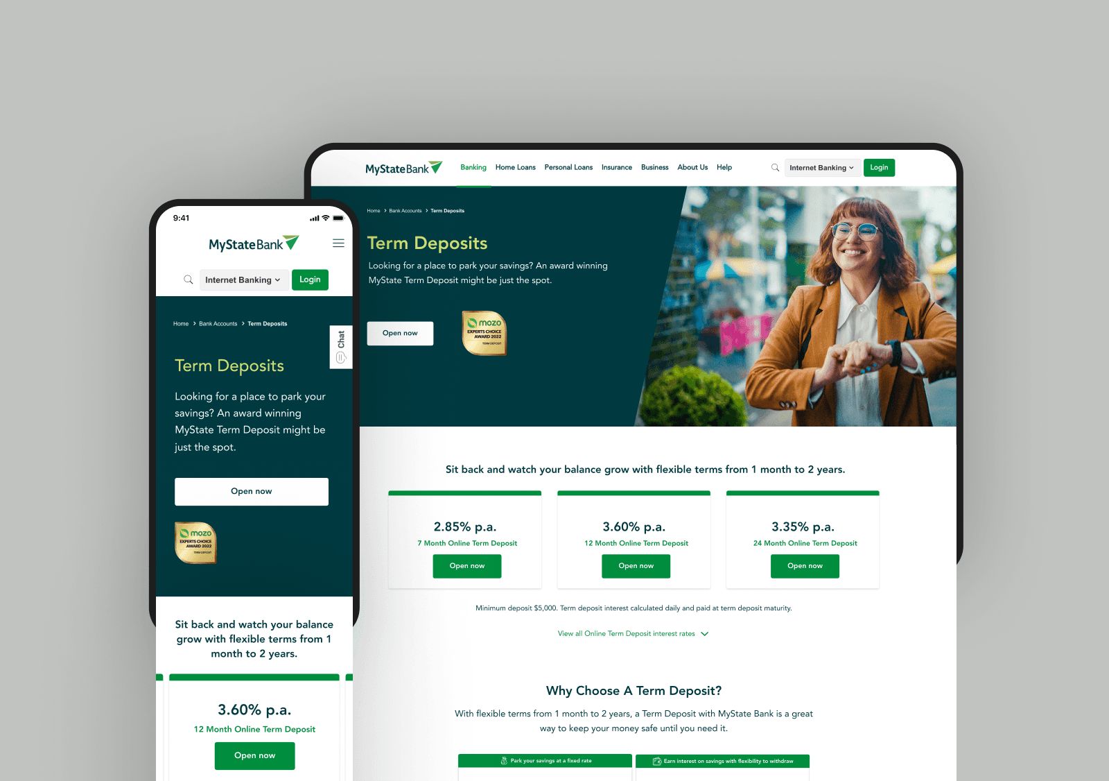 Mobile and desktop screens of designs created for MyState Bank’s Term Deposit homepage