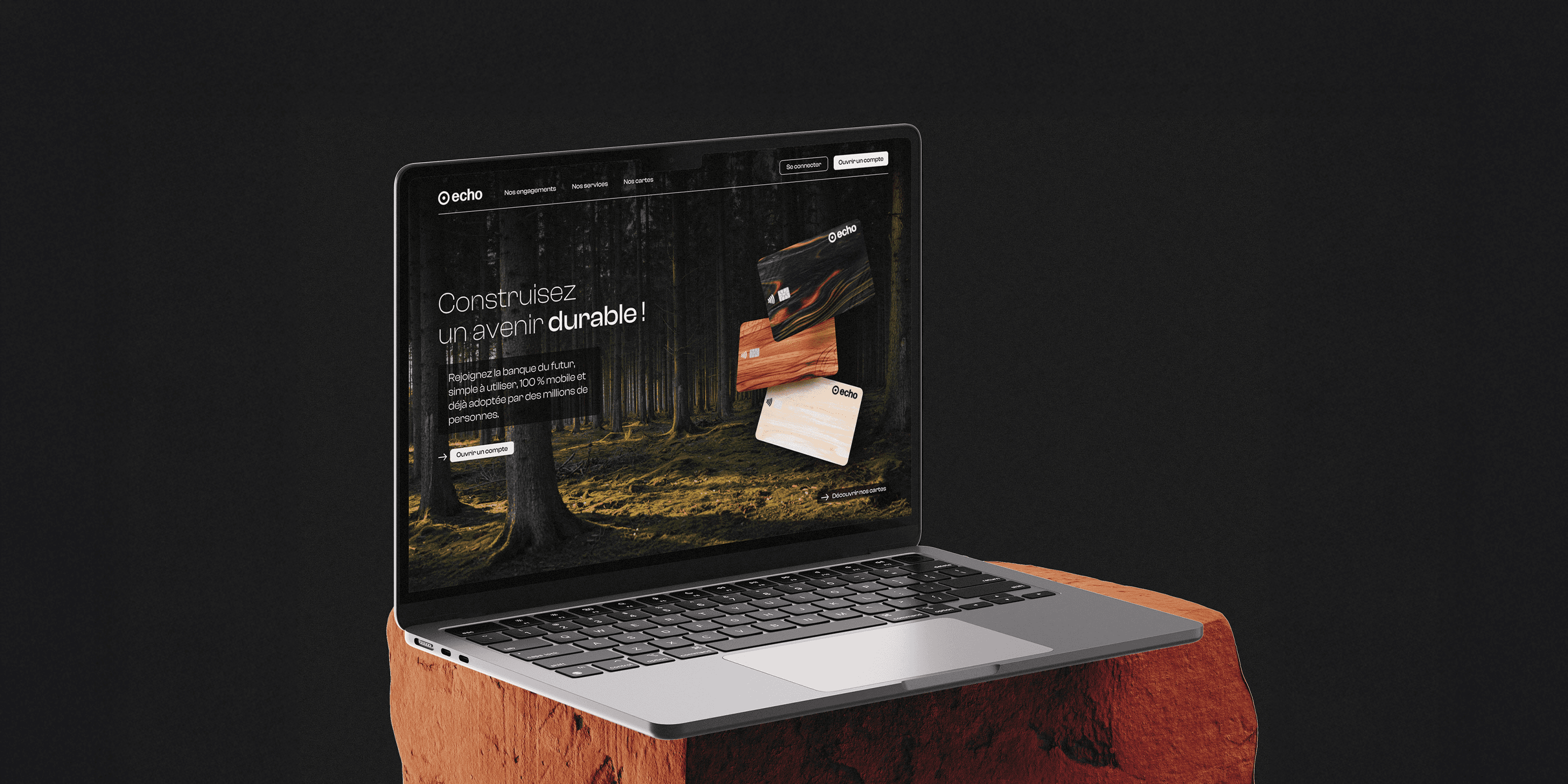 Design du site web Echo sur ordinateur, interface digitale et direction artistique.