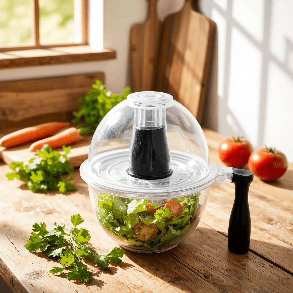 product photography of a salad spinner for drying greens