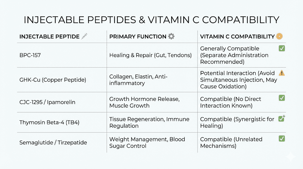 Injectable peptide vitamin C compatibility guide