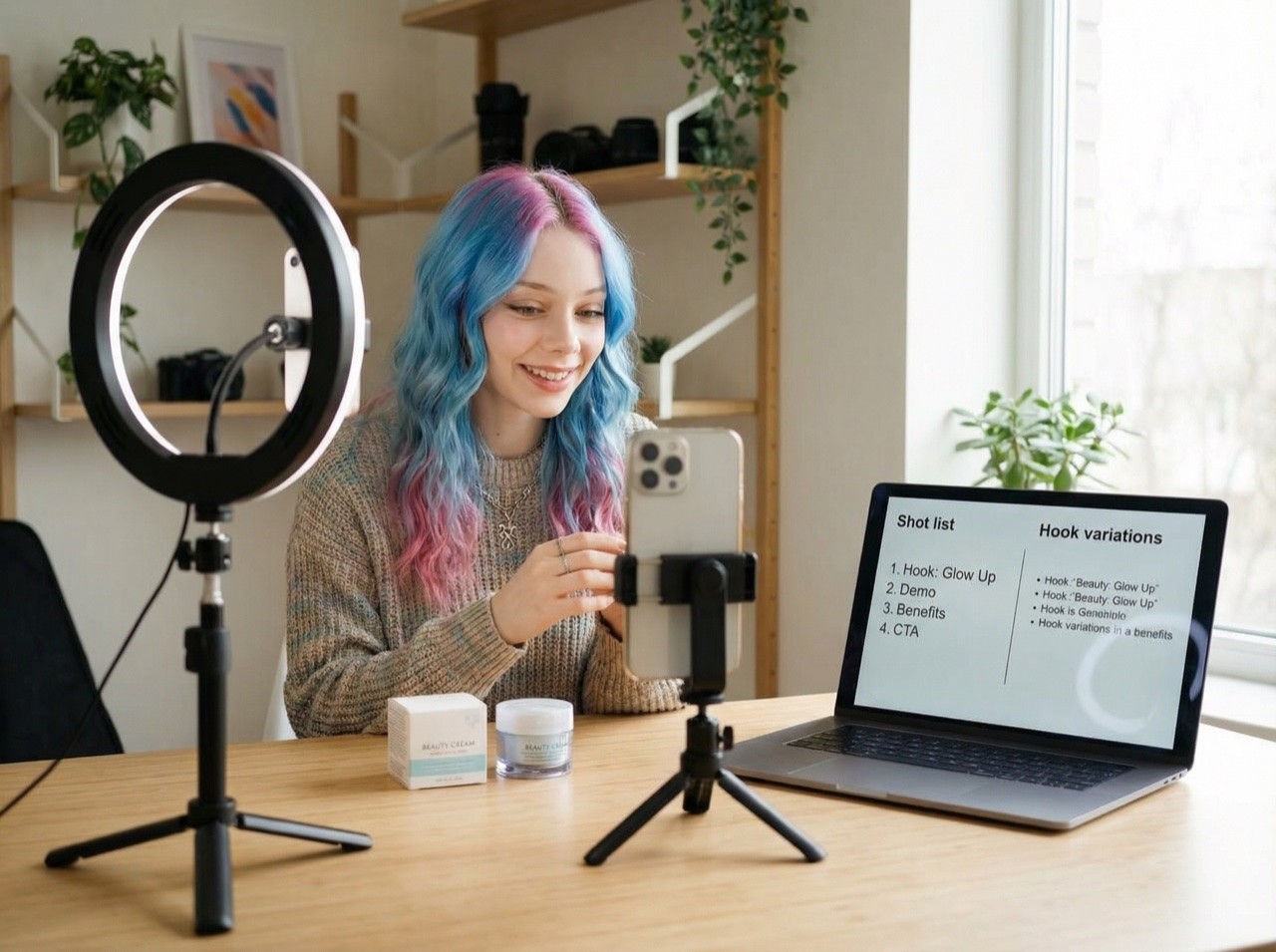 Lucy filming a TikTok UGC product demo — ring light, phone on tripod, laptop showing shot list and hook variations