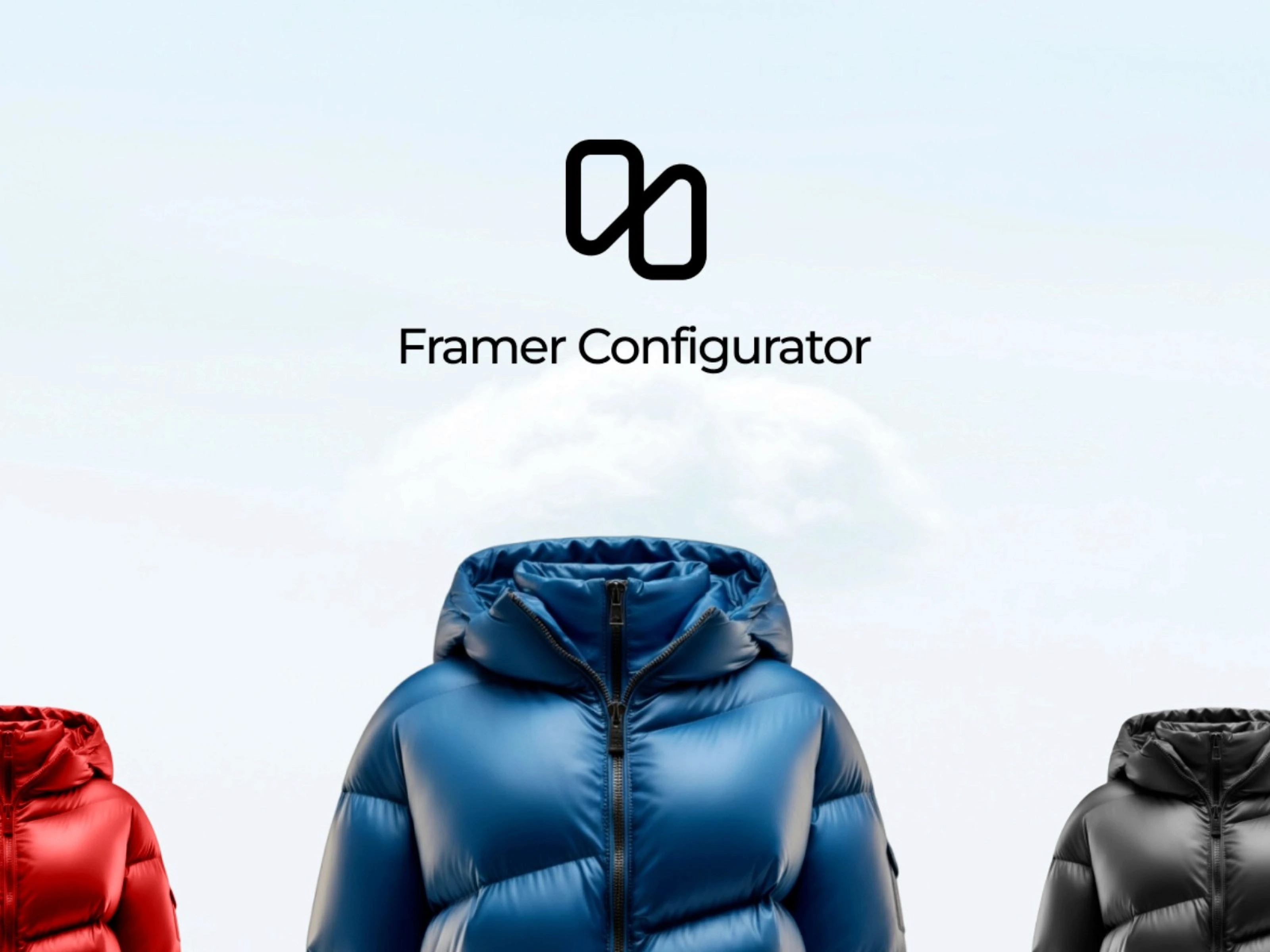 This is a Framer Configurator Ecommerce graphic with red, blue, and black padded items lined up against a sky-blue background.
