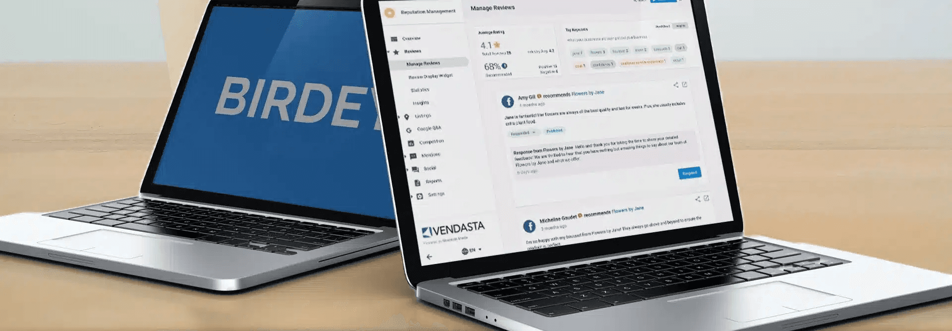 Laptops displaying Birdeye and Vendasta software - Birdeye Alternatives