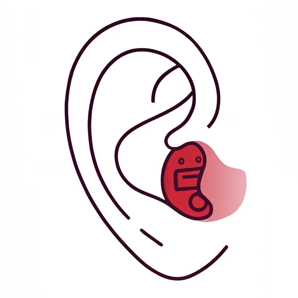Close-up of a man's ear with a hearing aid partially visible inside.