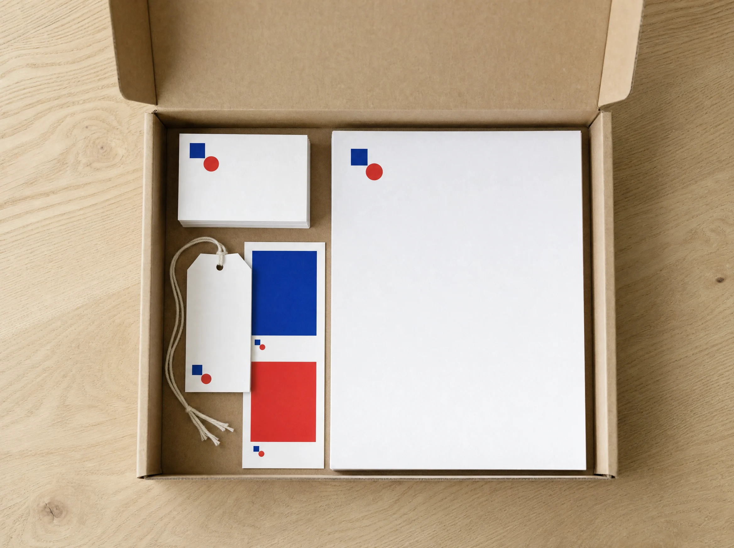Open proof box with business cards, a letterhead, a tag and colour chips in cobalt and red