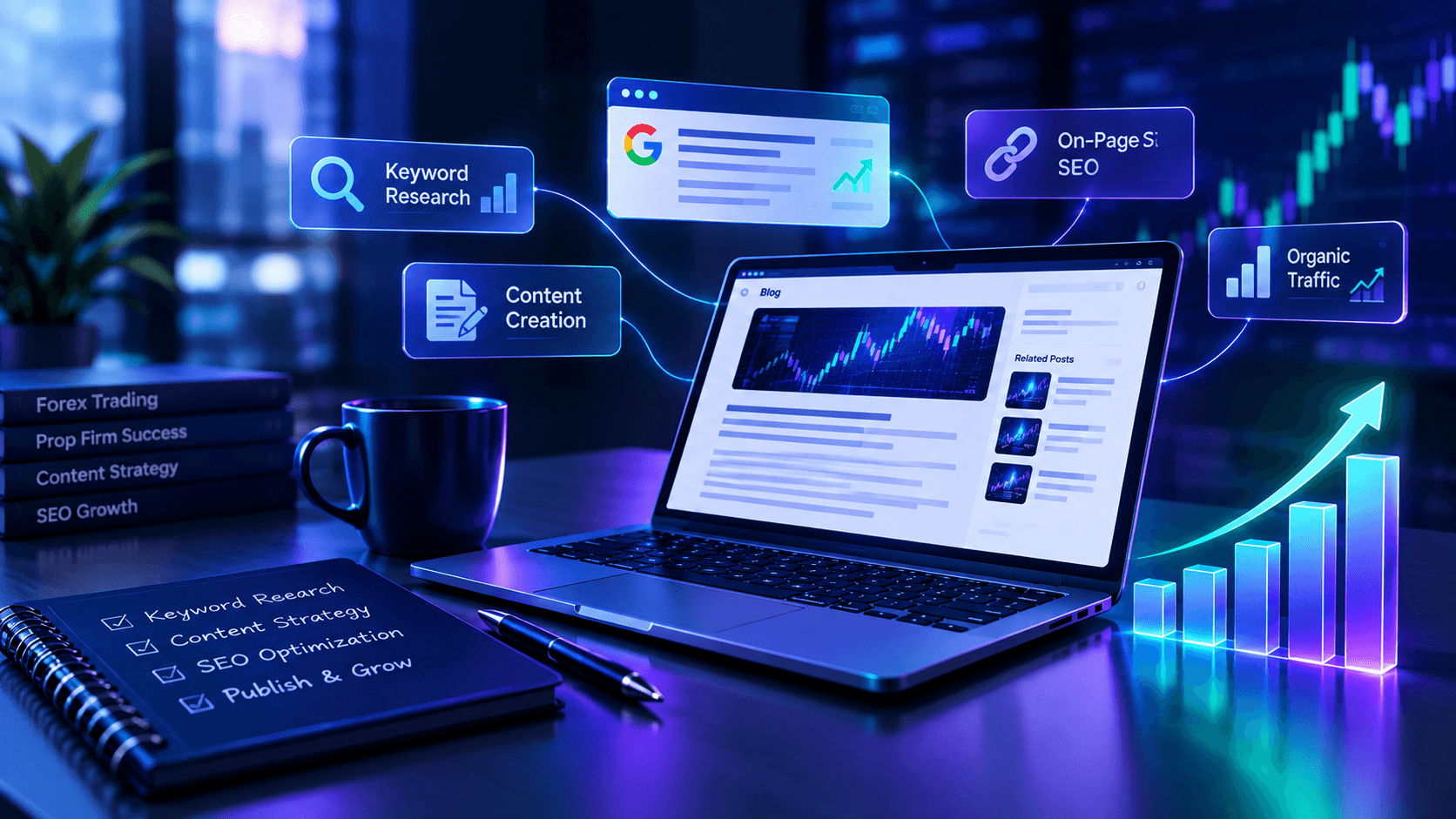 Futuristic workspace featuring a laptop with forex trading content, keyword research, content creation, on-page SEO, and organic traffic analytics, illustrating SEO blogging strategies for forex prop firms.