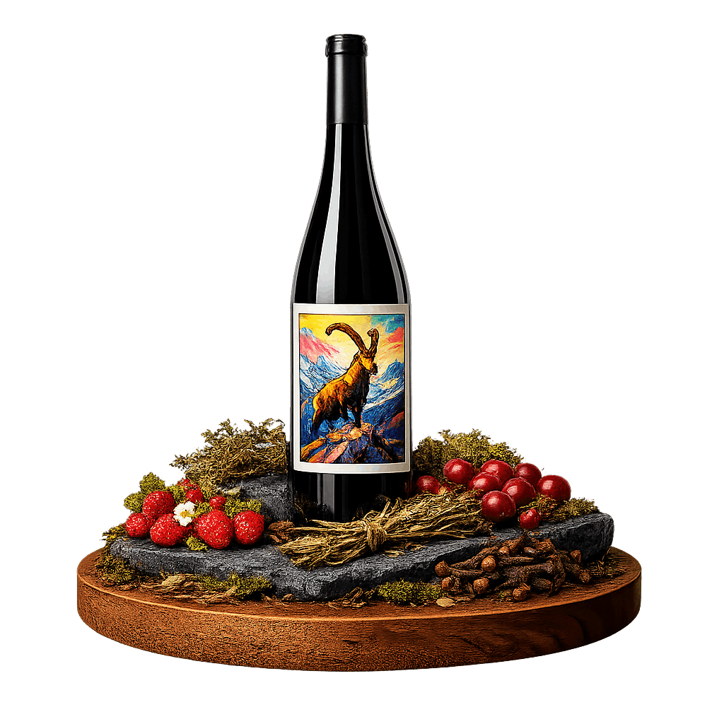 Artistic label and flavor profile for Graubünden Pinot Noir on a rustic wooden table.