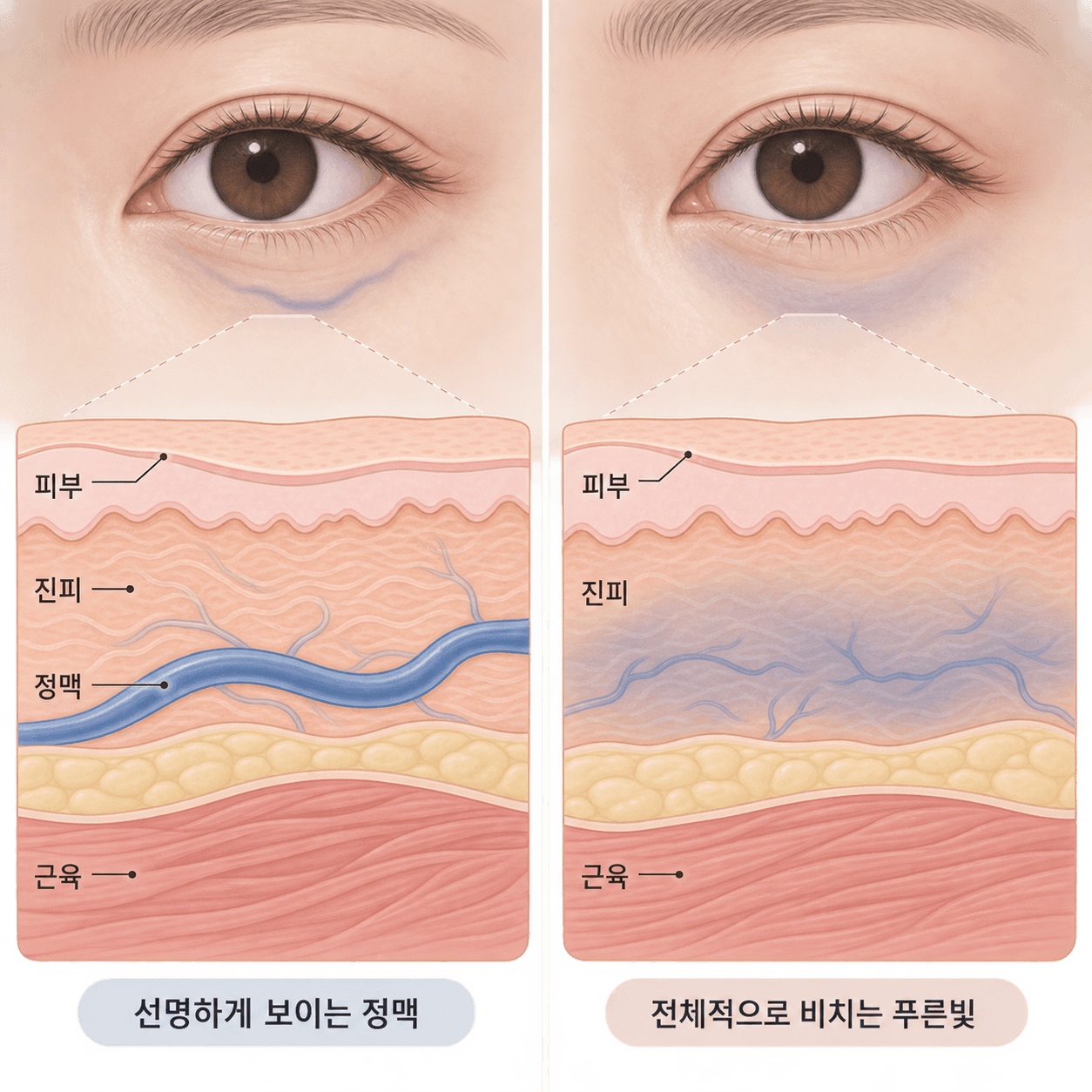 선으로 보이는 정맥은 줄일 대상이고, 면으로 비치는 푸른빛은 덮을 대상이에요