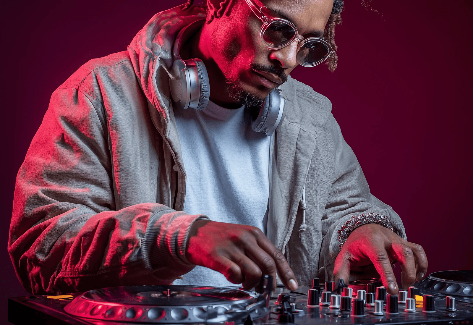 A DJ creating a track with his mixing table