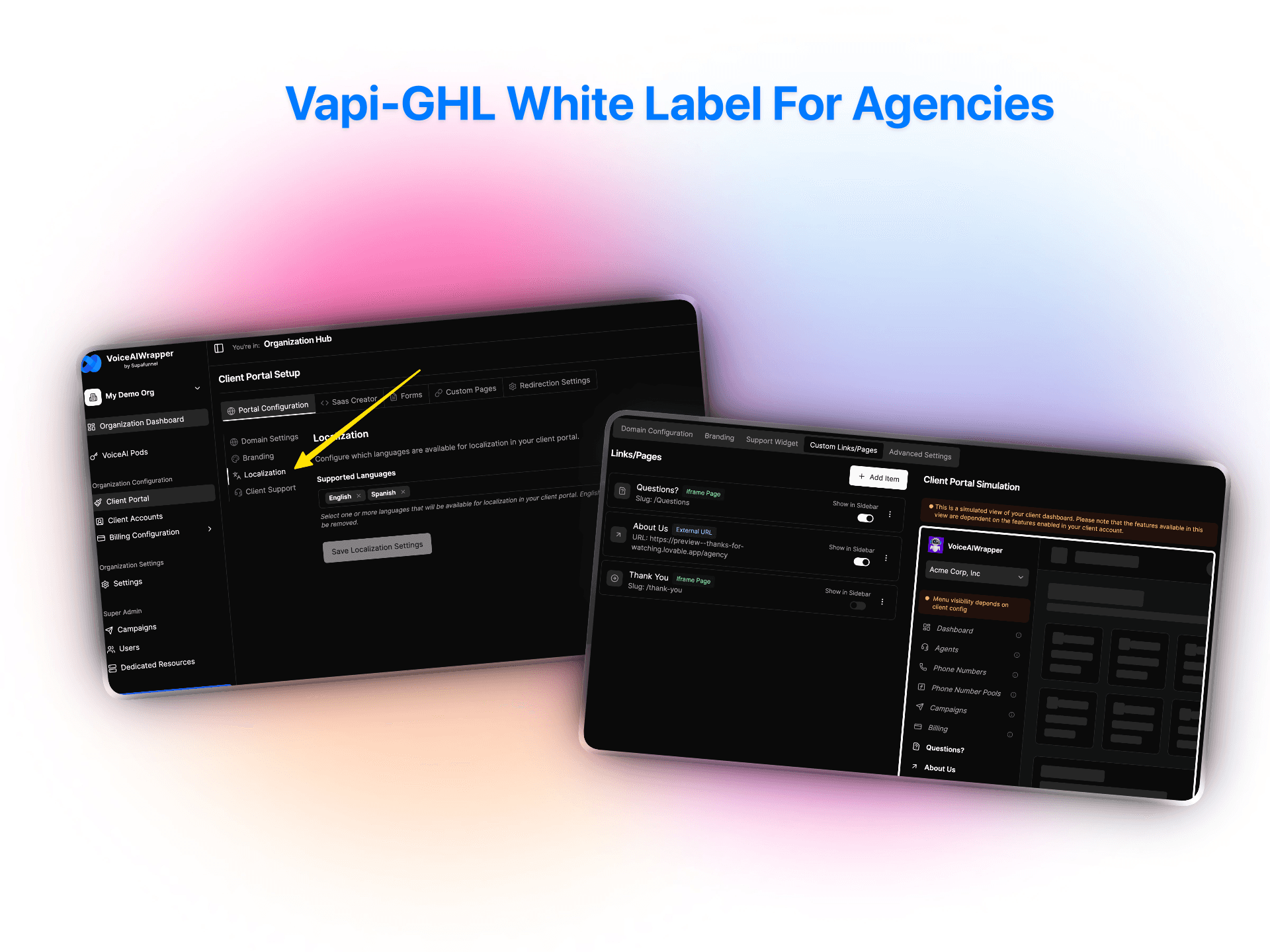 Vapi-GHL white label platform for agencies showing client portal customization with localization settings and branding configuration options | VoiceAIWrapper
