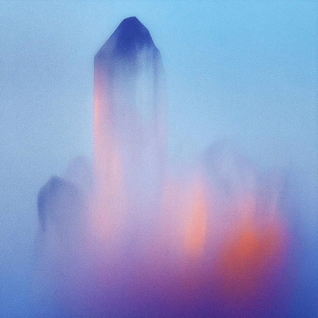 Abstract grainy image of a blurred city skyline seen through fog or frosted glass. A tall pointed building rises in the center against soft gradients of blue, lavender, pink, and warm orange. The heavy film grain and diffused light give it a dreamlike, atmospheric quality.