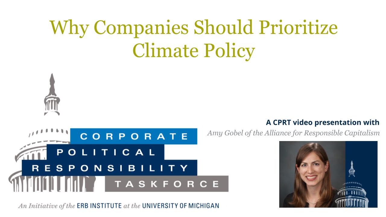 Title slide with "Why Companies Should Prioritize Climate Policy" and an image of a speaker on the right.
