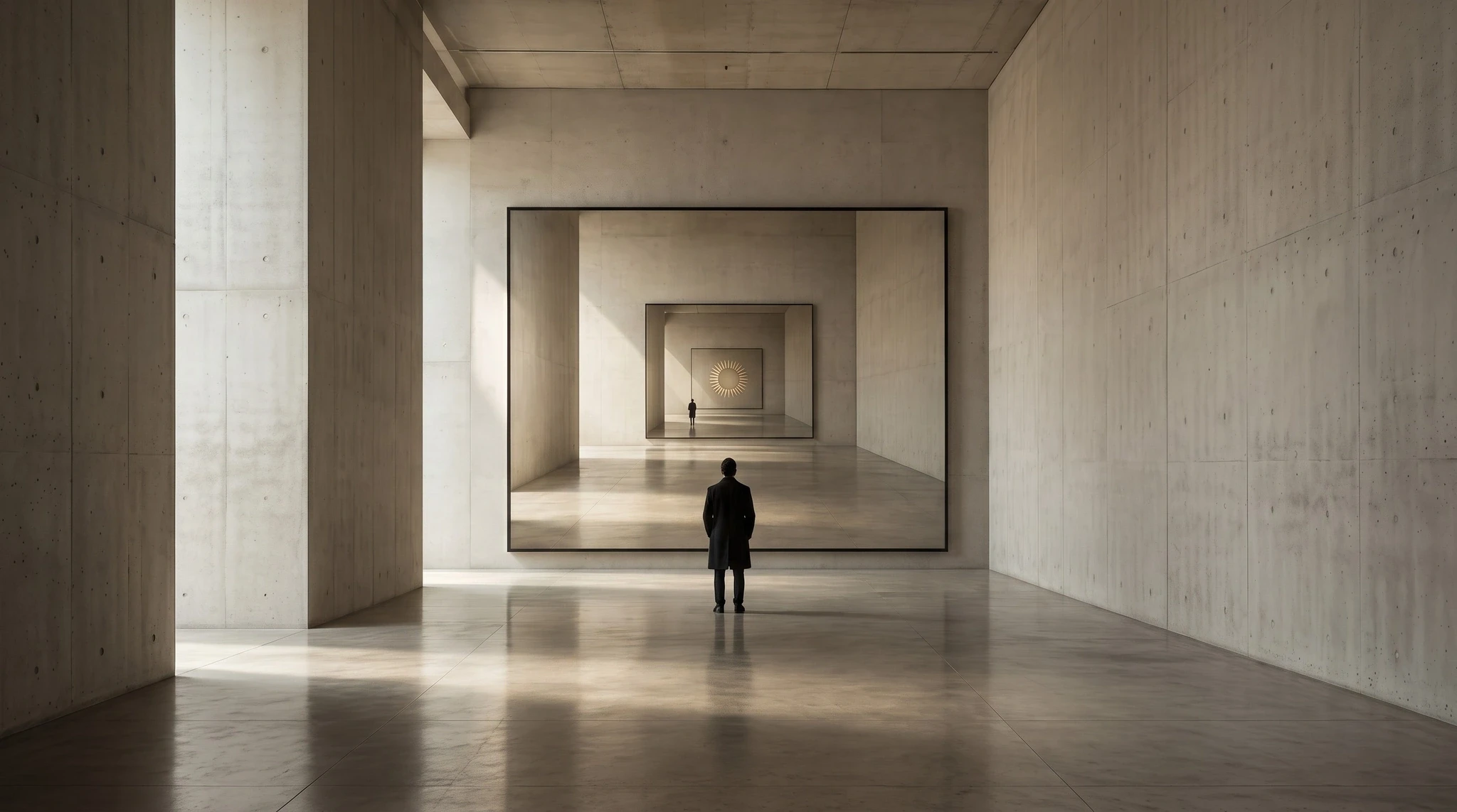 A person in a dark coat faces a mirror whose reflections recede into an endless lit corridor.