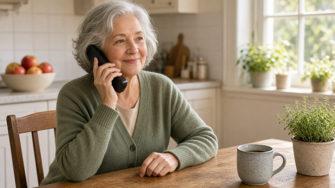 This image depicts an elderly woman with gray hair sitting at a wooden table in a home kitchen environment, engaging in a phone conversation. She is smiling gently while holding a black landline phone to her ear, suggesting she is receiving support or assistance via phone. The setting includes a green cardigan she is wearing, a light-colored coffee mug, and potted plants on the table, with a bowl of apples and kitchen items in the background. The bright, natural light coming through the window contributes to a calm and supportive atmosphere, illustrating the concept of in-home care and remote communication support for individuals with dementia.